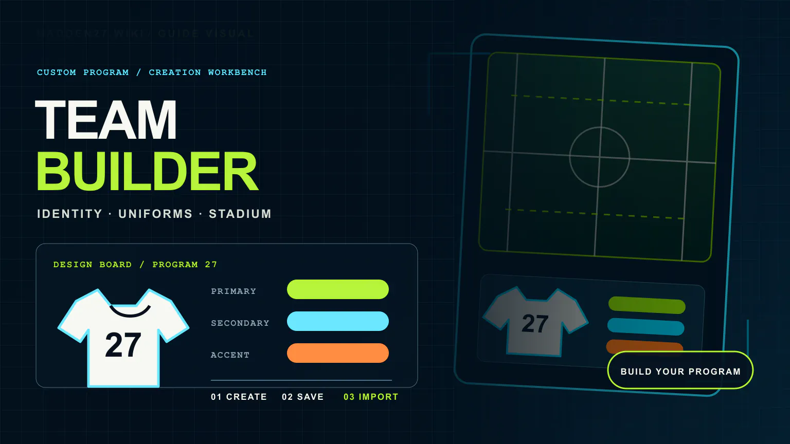 Editorial Madden NFL 27 Team Builder artwork with a custom uniform workbench, color swatches, and a stadium blueprint