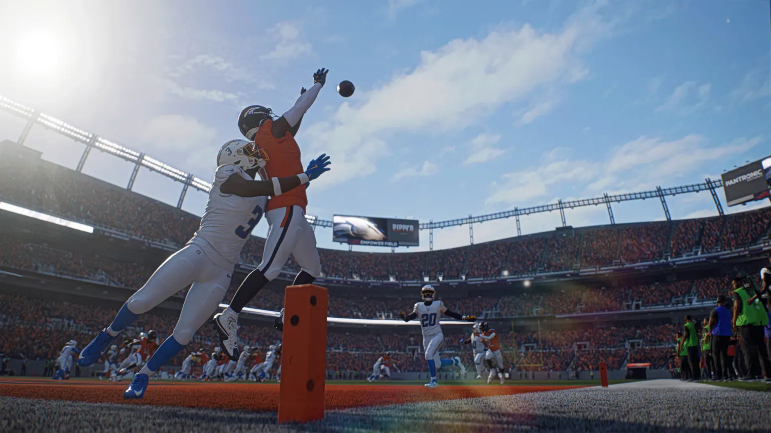 Two Madden NFL 27 players leap for a catch in an official image showing distinct builds and equipment