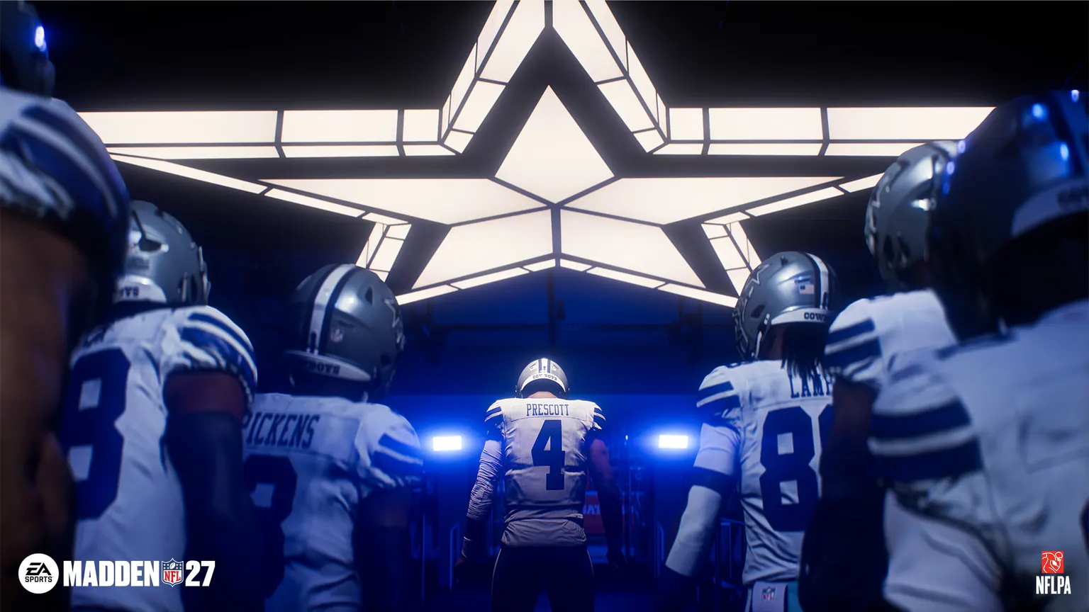 Madden NFL 27 players gather in a blue-lit locker room in official game artwork