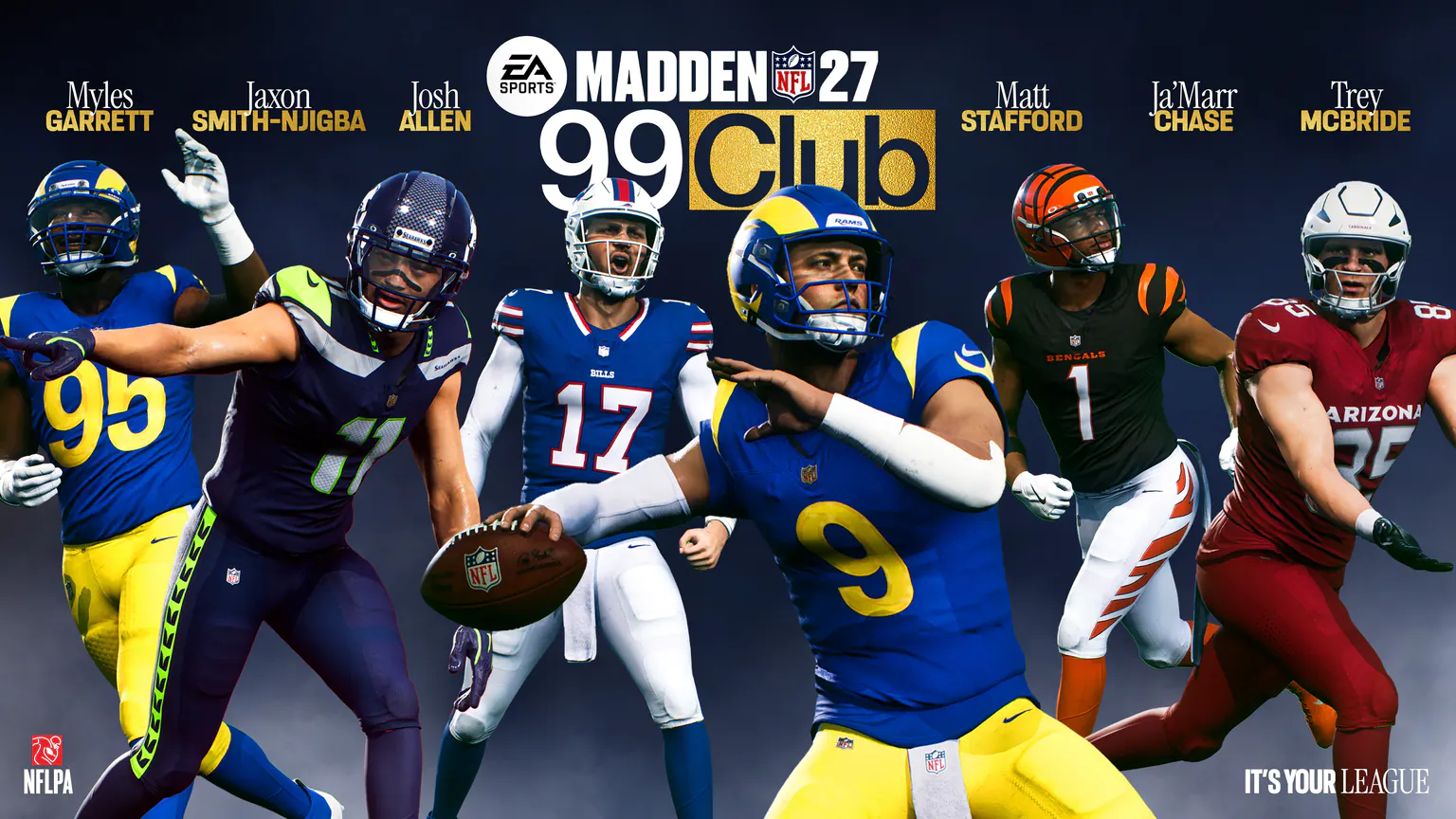 The six Madden NFL 27 launch 99 Club players in an official EA group image